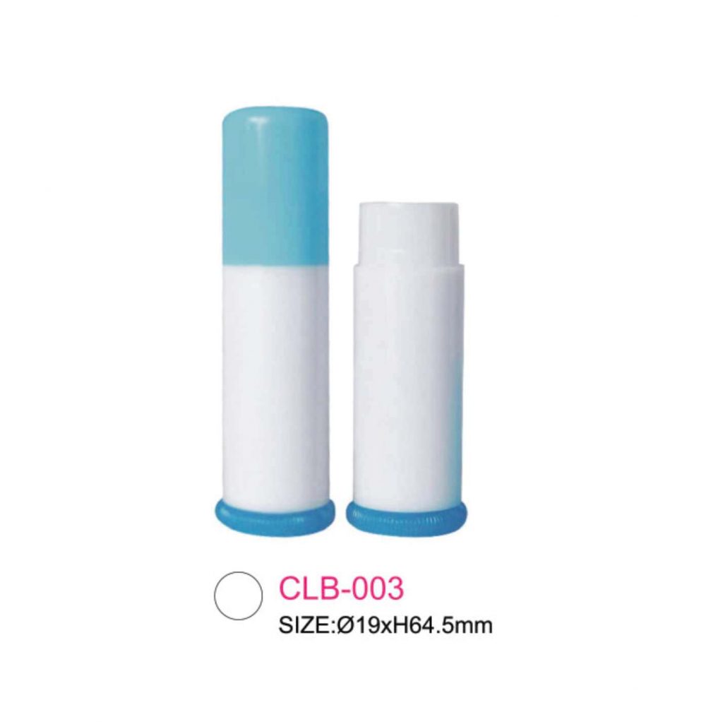 Packaging lip balm bahan plastik warna putih tutup biru muda Kode: CLB-003