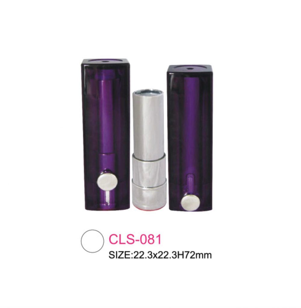 Packaging wadah kosmetik lipsticks bentuk tabung silver tutup persegi ungu Kode CLS-081