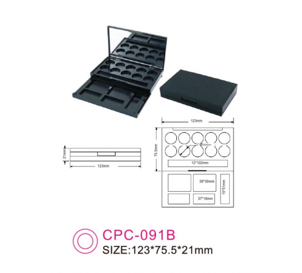 Kontainer kotak kosmetik rias wajah eyeshadow warna hitam dilengkapi cermin Kode CPC-091B