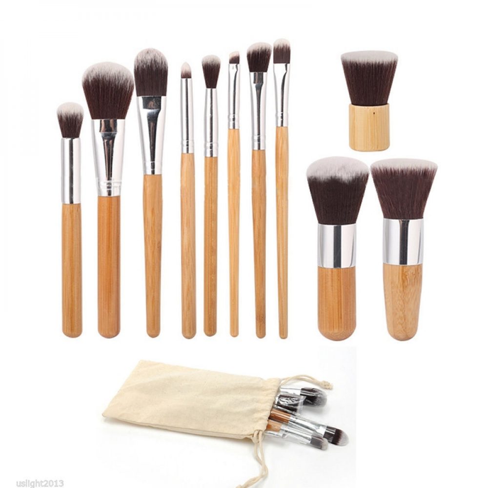 Aksesoris kecantikan set 11 kuas bambu untuk rias wajah profesional gagang warna coklat Kode DMBR-6