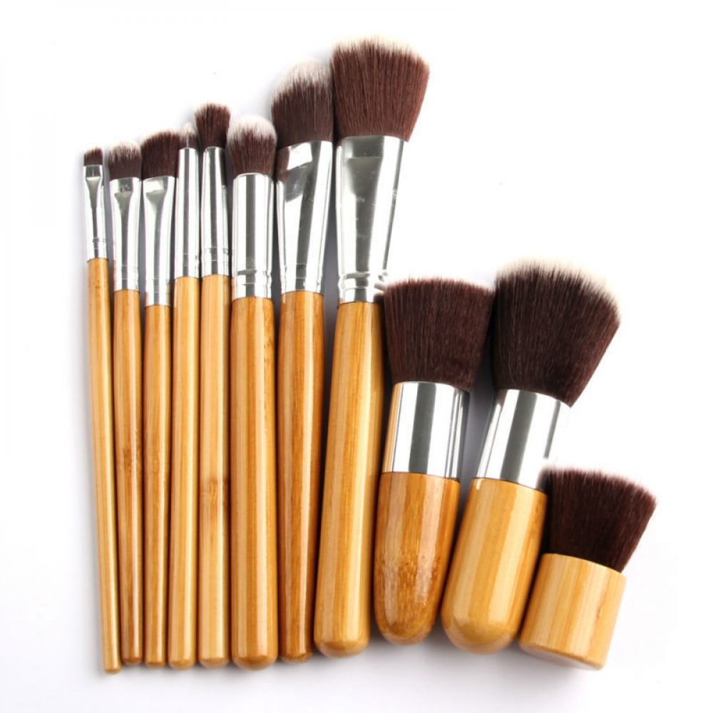 Aksesoris kecantikan set 11 kuas bambu untuk rias wajah profesional gagang warna coklat Kode DMBR-6 - Image 2