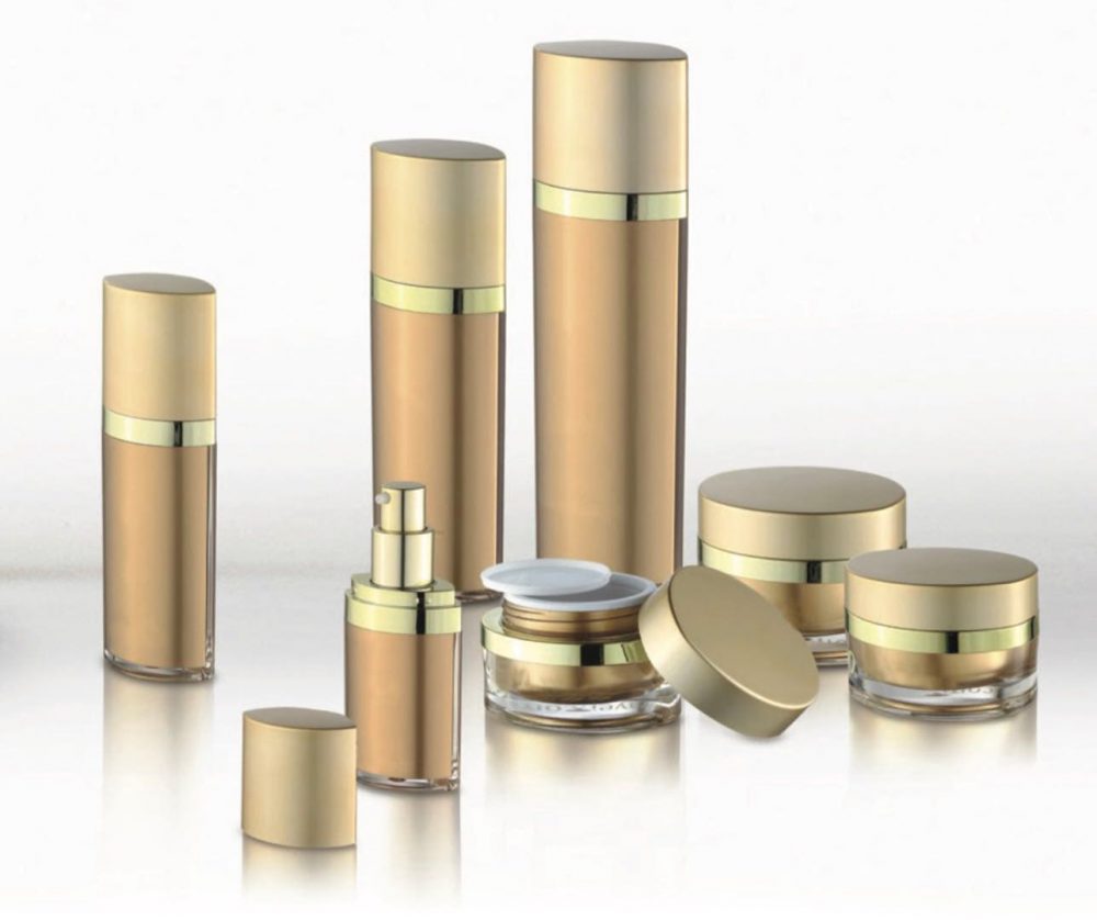 Packaging skin care bentuk tabung elips pump & jar bahan akrilik warna gold aneka ukuran | MWA-1a