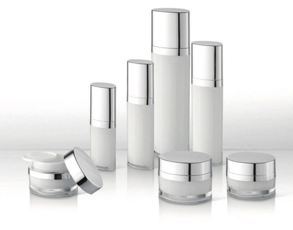Packaging skin care bentuk tabung elips pump & jar bahan akrilik warna silver aneka ukuran | MWA-1b