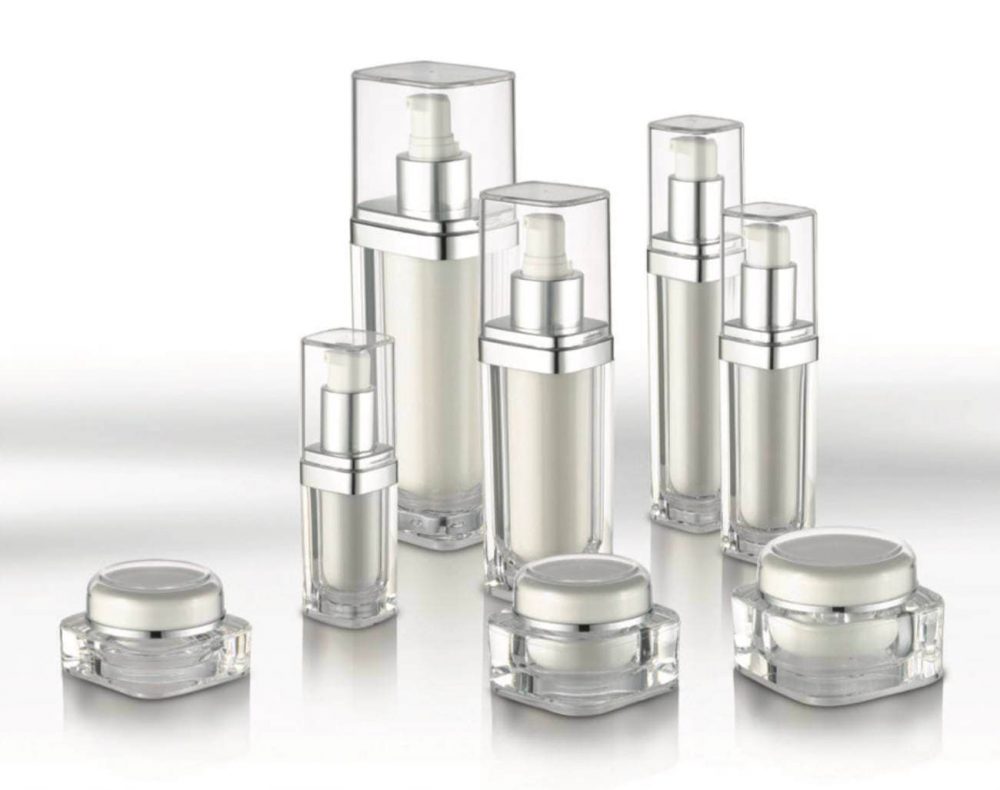 Packaging skin care bentuk persegi pump & jar bahan akrilik warna silver aneka ukuran | MWA-3a