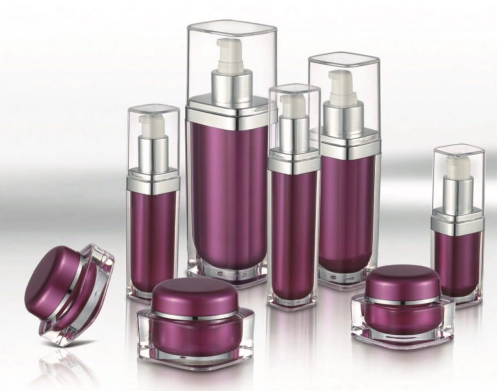 Packaging skin care bentuk persegi pump & jar bahan akrilik warna ungu & silver aneka ukuran | MWA-3b