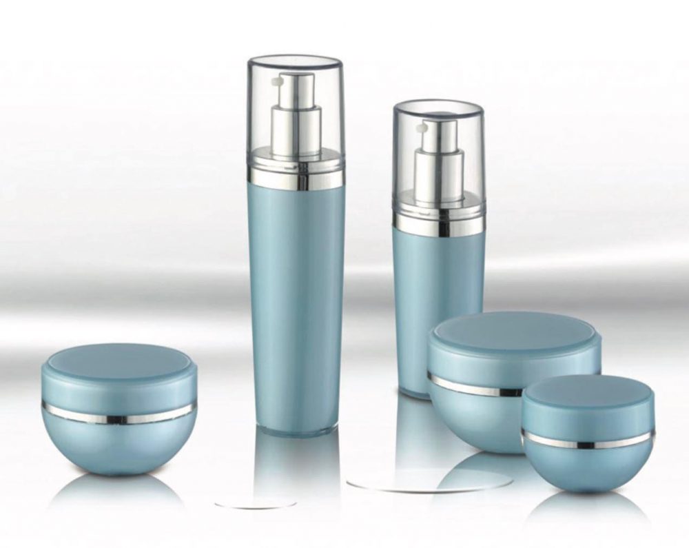 Packaging skin care bentuk tabung model pump & jar bahan akrilik warna biru muda aneka ukuran | MWA-6/MWB-19