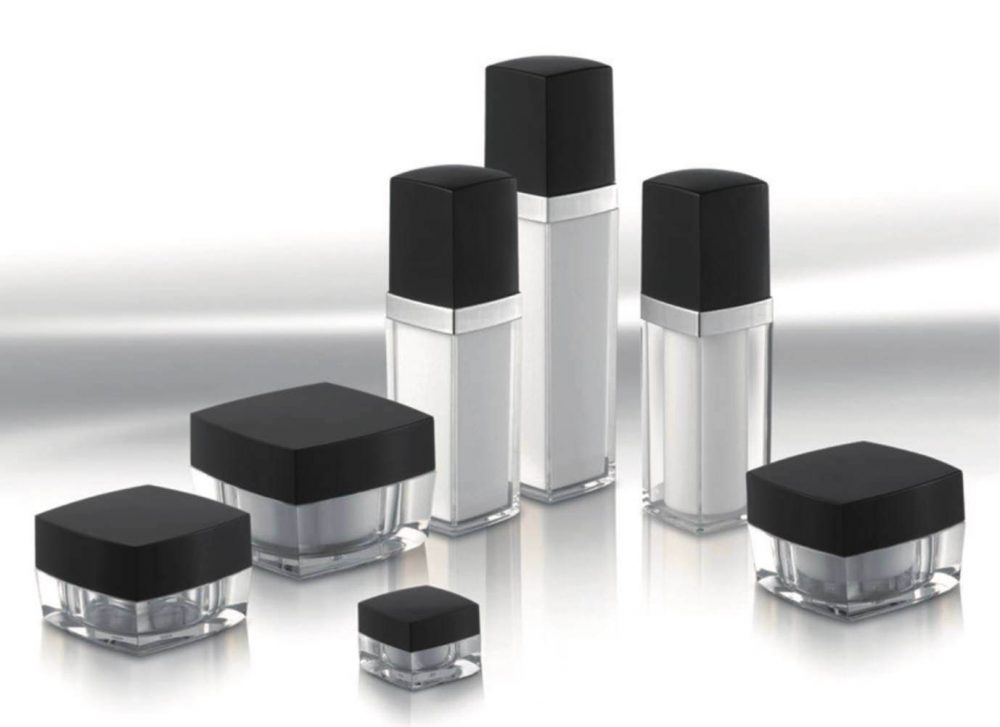 Packaging skin care bentuk jar & tube pump persegi bahan akrilik warna hitam & bening transparan aneka ukuran | MWA-17/MWA-19